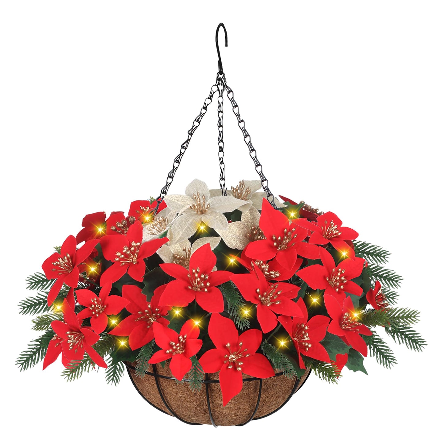 Florielle Artificial Fake Christmas Hanging Flowers Plants Basket with LED Lights, Faux Poinsettia, Pine Branches, for Outdoor New Year Xmas Decoration, Porch Home Holiday Decor (Green Pine Branches)