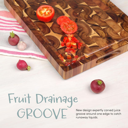 XL Acacia End Grain Wood Cutting Board (20x15x1.5in) Acacia Wooden Cutting Board, Butcher Block, Chopping Board - Reversible Multipurpose For Kitchen with Juice Groove, Cracker Holder & Inner Handles.