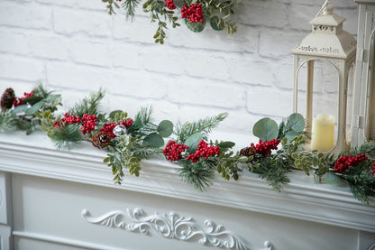 LOHASBEE Artificial Christmas Garland, 5 Feet Pine Cone Eucalyptus Garland with Red Berries, Bells & Greenery Glitter for Christmas Indoor Outdoor Garden Gate Front Door Home Wall Window Stair Decor