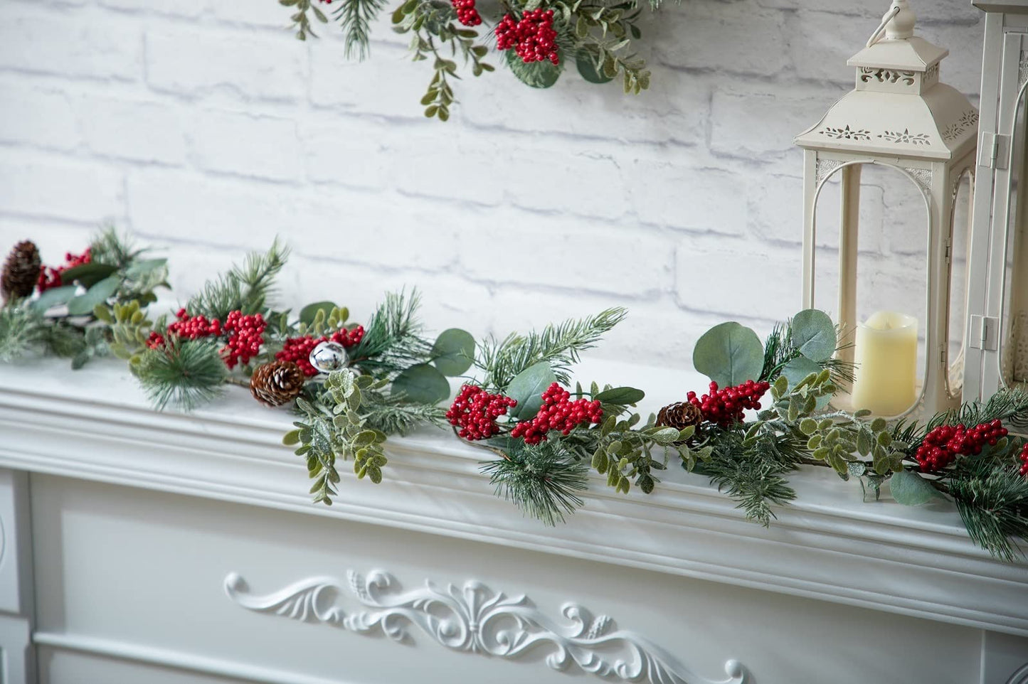 LOHASBEE Artificial Christmas Garland, 5 Feet Pine Cone Eucalyptus Garland with Red Berries, Bells & Greenery Glitter for Christmas Indoor Outdoor Garden Gate Front Door Home Wall Window Stair Decor