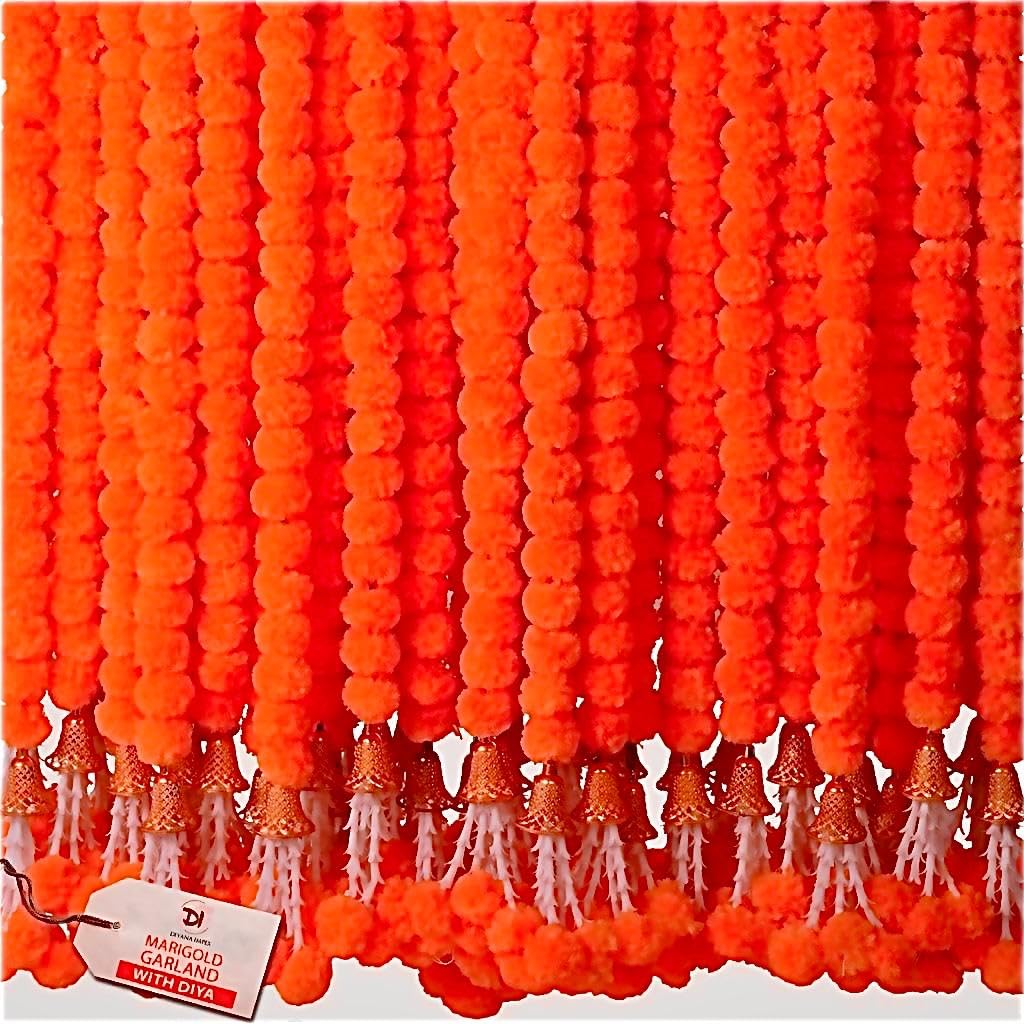 DIYANA IMPEX Marigold Garland for Decoration 5 Pcs of 5 feet Long Strands Artificial Marigold Flowers with Bell, Indian Décor for Pooja/Diwali Decorations/Christmas (Dark Orange)