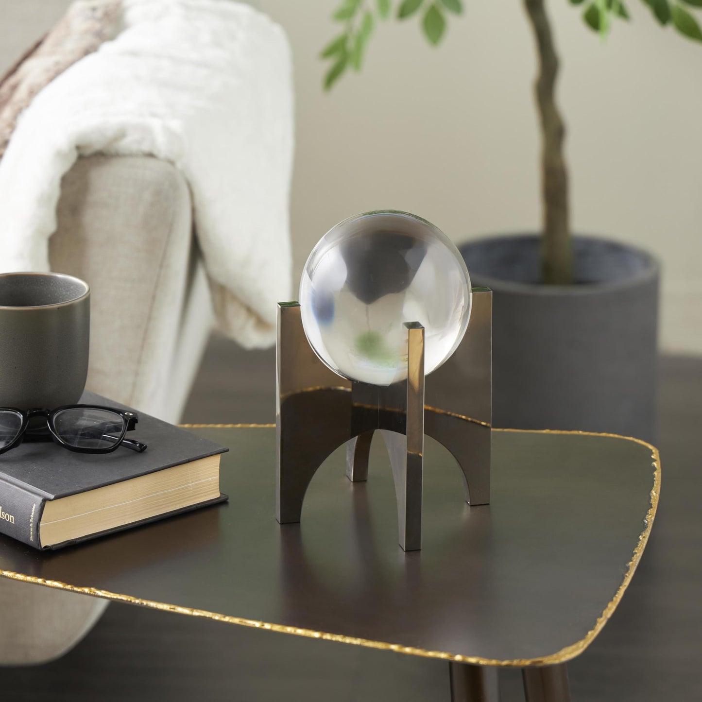 Deco 79 Glass Geometric Decorative Sculpture Home Decor Statue with Clear Orb and X-Shaped Holder, Accent Figurine 5" x 5" x 8", Silver