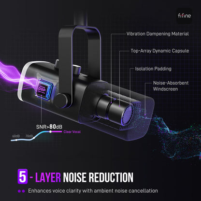 FIFINE USB/XLR Dynamic Microphone for Podcast Recording, PC Computer Gaming Streaming Mic with RGB Light, Mute Button, Headphones Jack, Desktop Stand, Vocal Mic for Singing YouTube-AmpliGame AM8