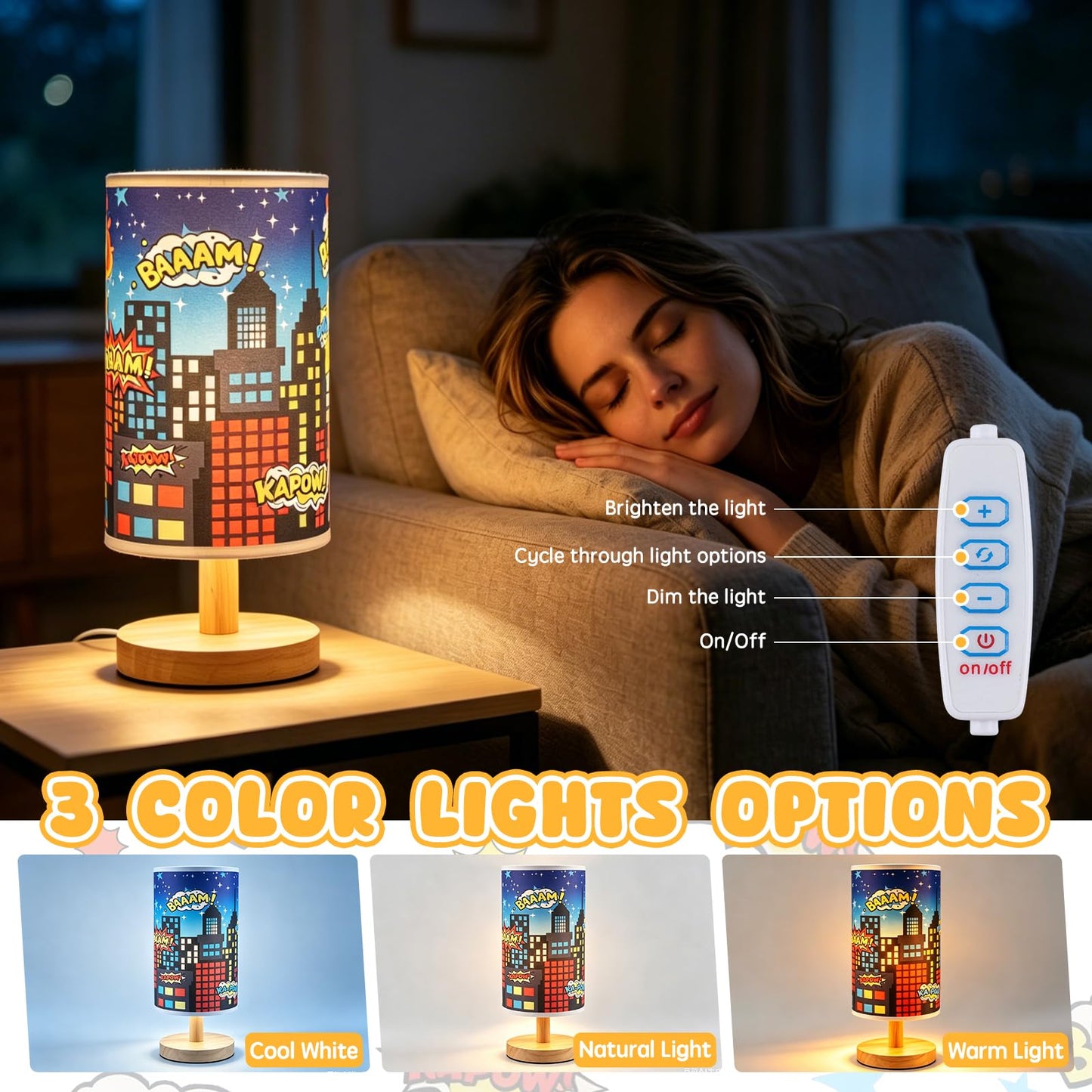 LuckyDAFei City Table Lamp for Kids Bedroom, 3-Way Dimmable Bedside Lamp with Wooden Base and Fabric Shade, Comic Book Night Light for Boys Room Decor, Cartoon Skyline Lamp for Nursery Playroom