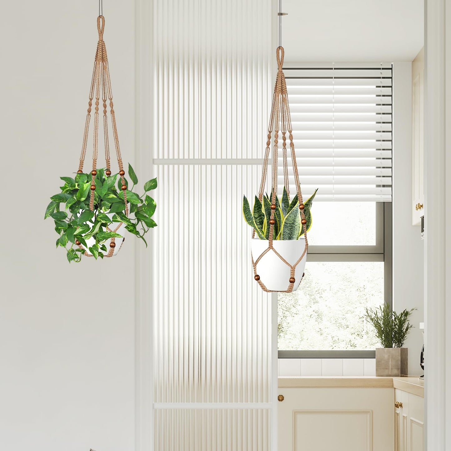 LEWESU Jute Macrame Plant Hanger Indoor Set of 4 Hanging Planter Basket Flower Pot Holder with Decorative Wood Beads & No Tassels for Indoor Outdoor Boho Home Decor, 35 Inch Brown (Pots Not Included)