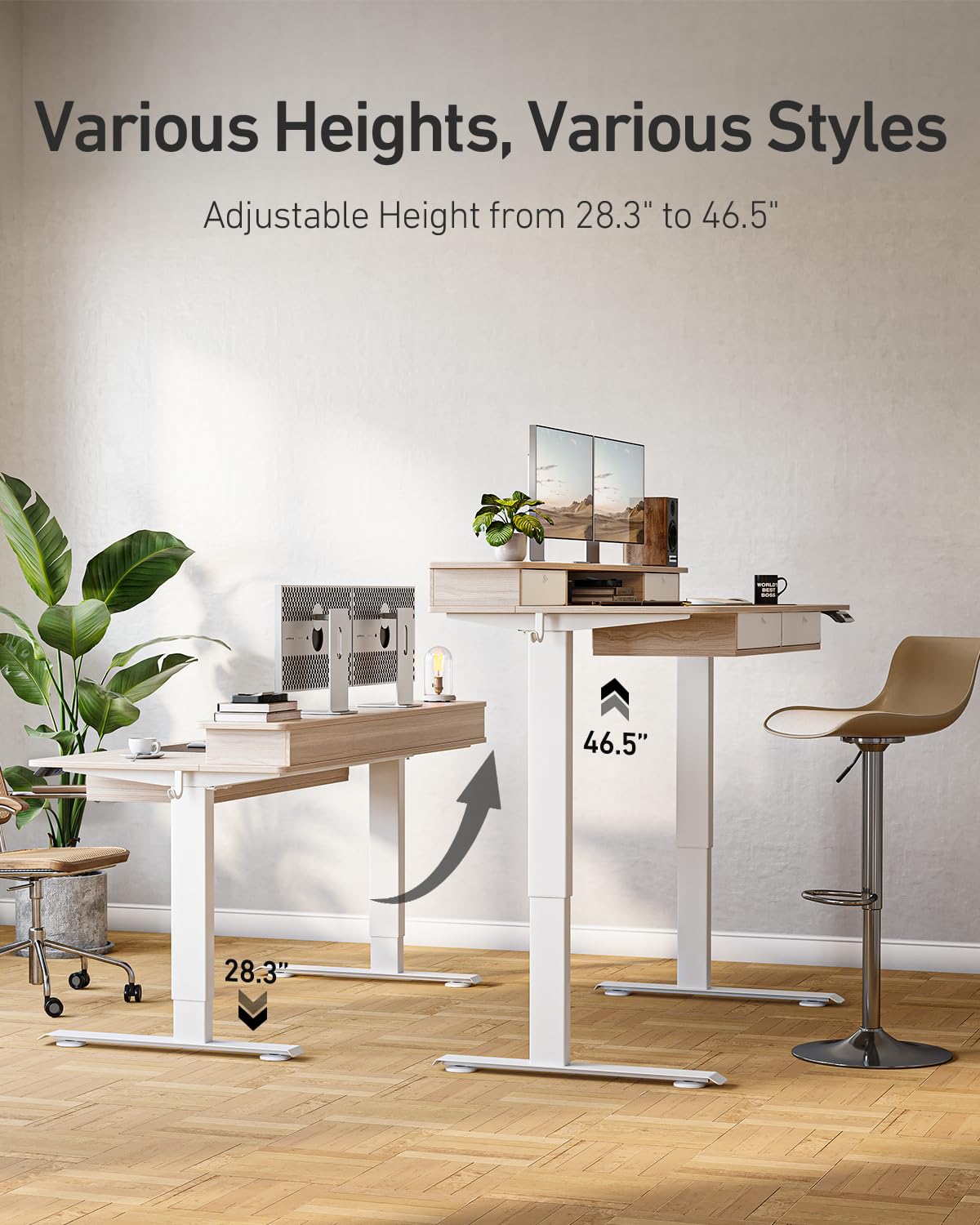 CubiCubi 60" x 30" Standing Desk with Drawers, Height Adjustable Electric Workstation, Computer Sit Stand Up Table with Large Storage Shelf 4 Drawers and 2 Hooks, Light Rustic Brown