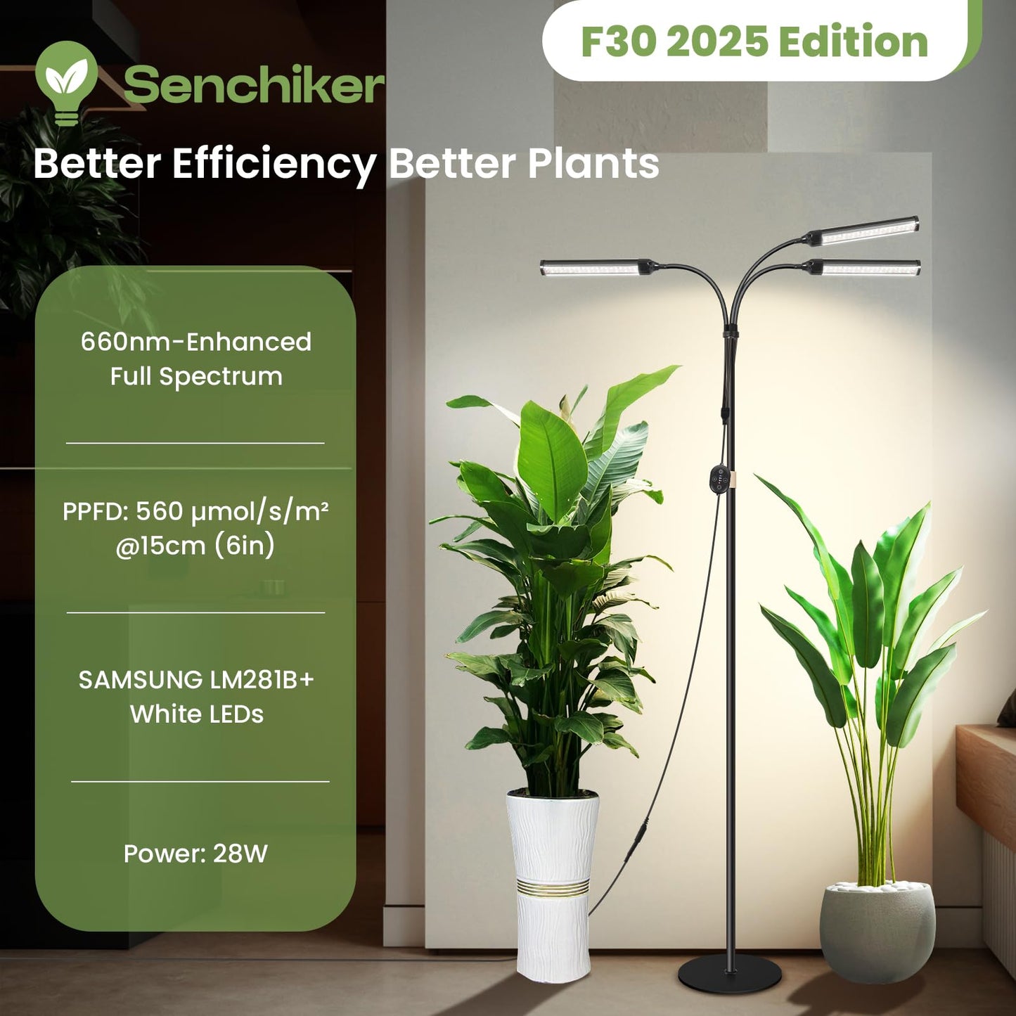 Large Plant Lights for Indoor growing 24V, 660nm-Enhanced Full Spectrum, LM281B+ LED Grow Light, Plant Light with Timer & Dimming, Adjustable Height 22–70in, 9.8in Base, 28W, 560μmol/s/m²@6in