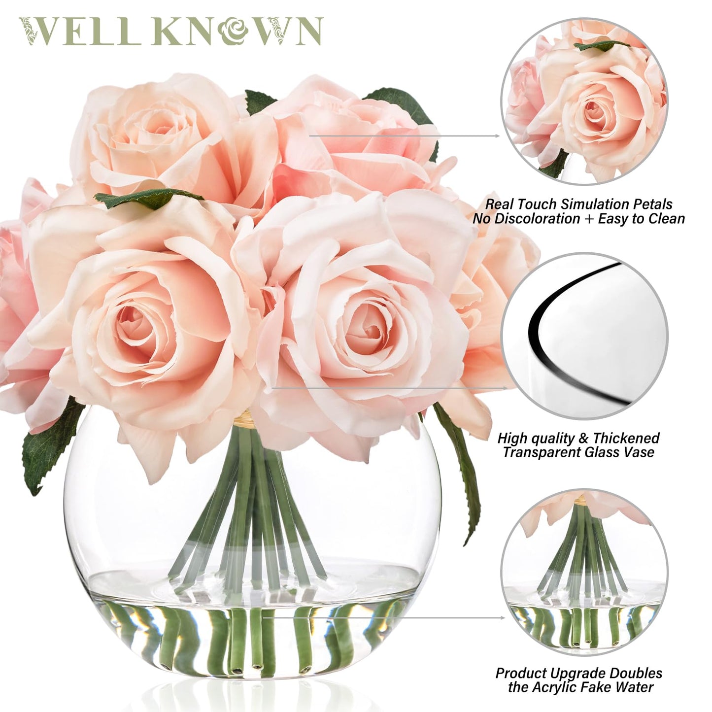 WELL KNOWN Artificial Flowers with Vase, Silk Rose Artificial Flowers Table Centerpieces with Faux Water for Home Decoration Fake Roses Flower Arrangements for Table Decor (Pink)