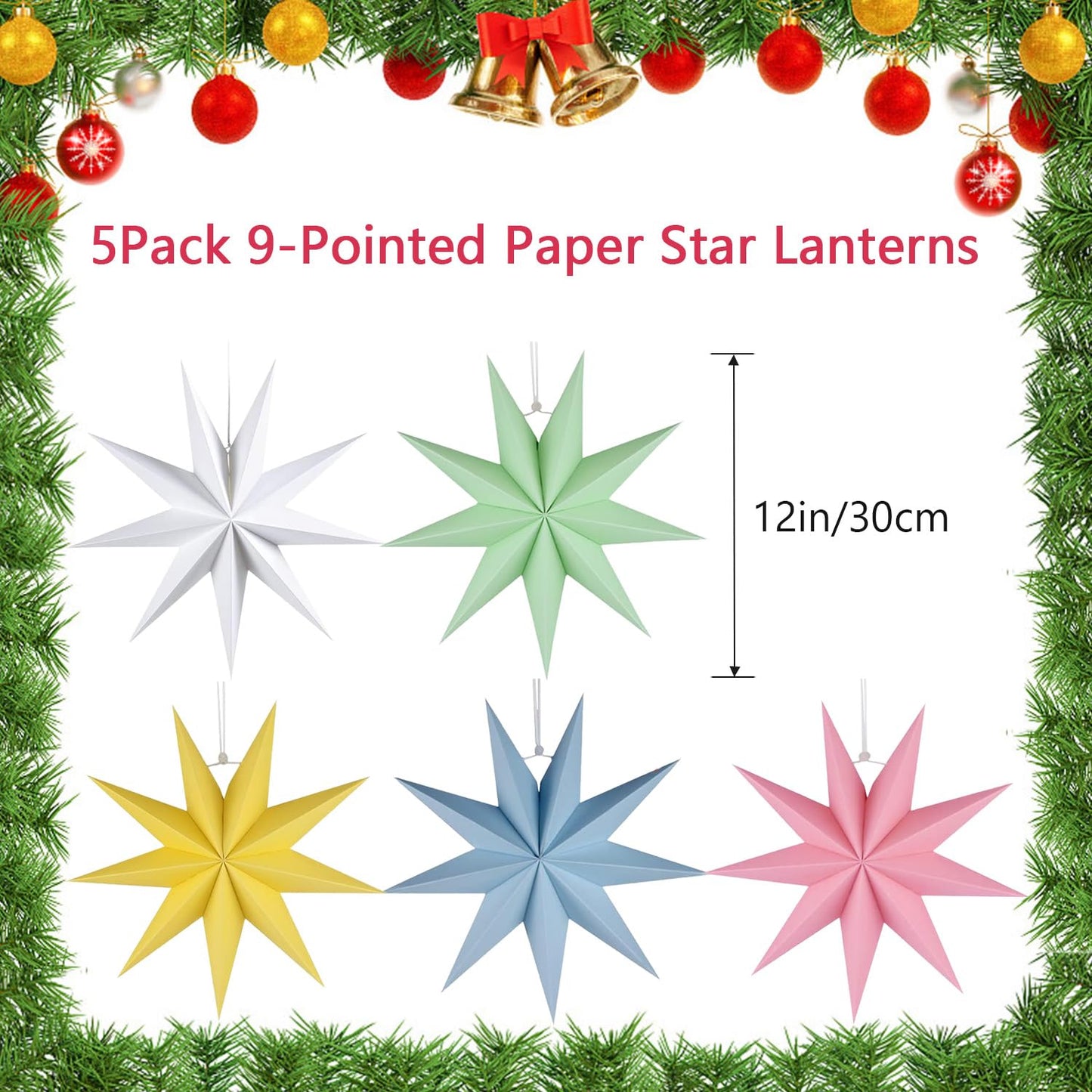 5 PCS Paper 9-Pointed Star Lanterns Hanging Stars Christmas Party Decorations Hanging Lampshade Christmas New Year Wedding Birthday Home Party Decorations(12 Inch) (Macaron 5PCS)