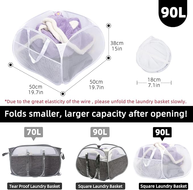 Collapsible Laundry Basket, 90L Foldable Pop-up Laundry Hamper