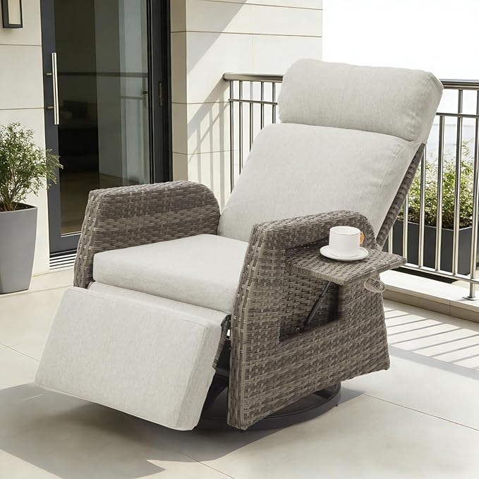 Adjustable Outdoor Recliner Chair with Independent Backrest & Footrest, Patio Swivel Recliner Chair, Wicker Reclining Patio Chair w/Flip-Up Table, Air Pump 155° Lay Flat Chaise Lounge, Gray