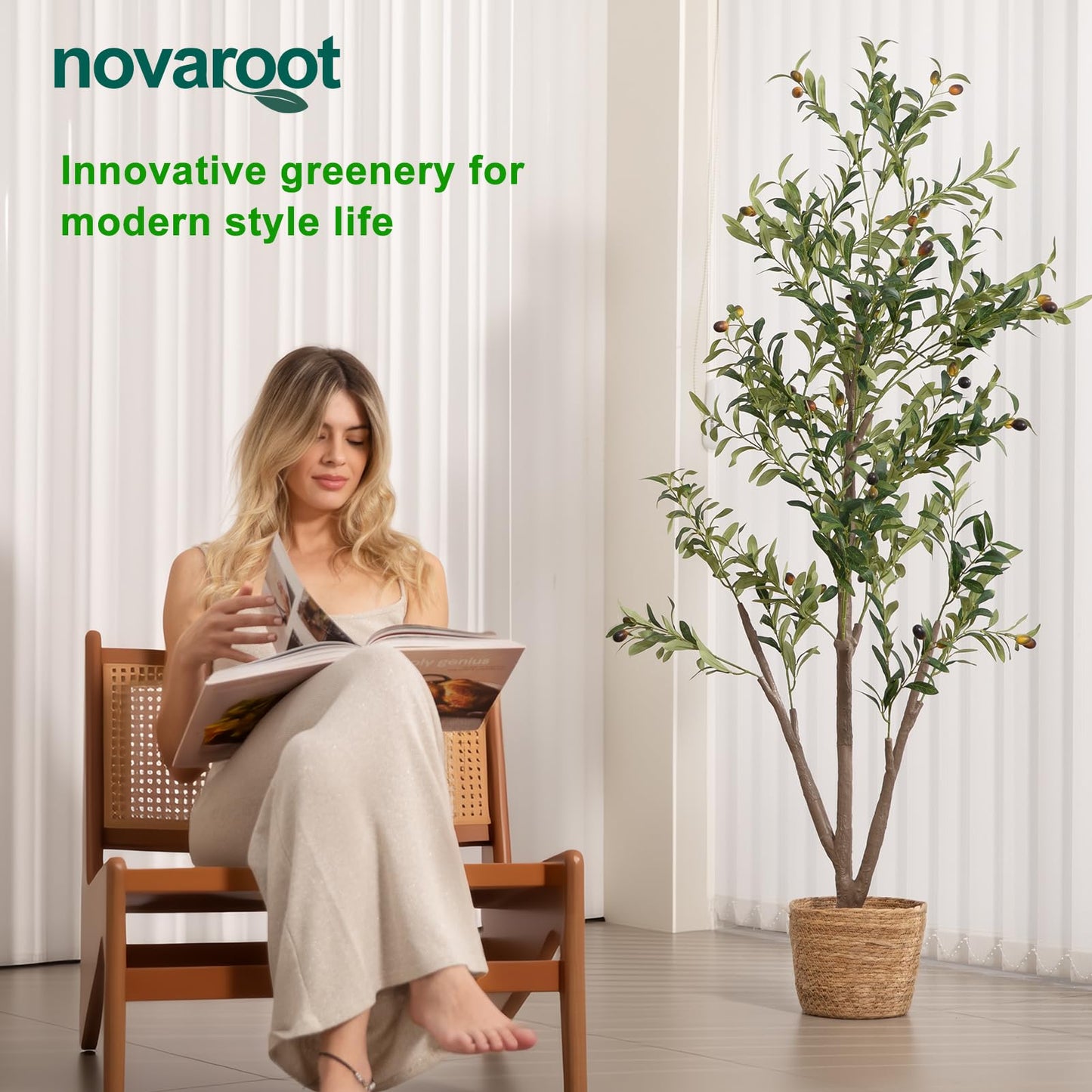 Artificial Olive Tree Indoor, 5Ft Faux Olive Trees Artificial Indoor with String Lights and Stones On Planter, Artificial Faux Plants with Natural Wood Trunk and Lifelike Fruits for Home Office Decor