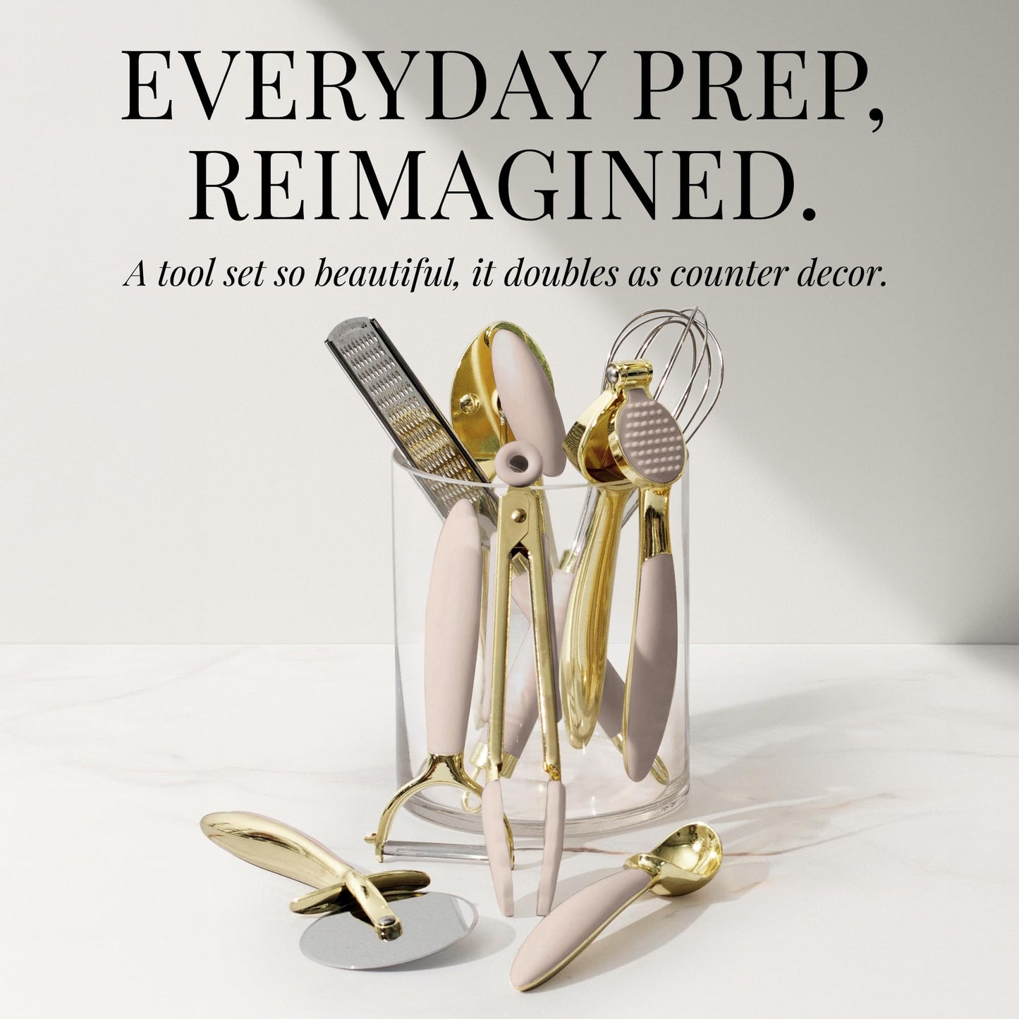 White & Gold Cooking Utensils Set - Luxe 8-Piece Kitchen Gadget Set Includes Can Opener, Tongs and Garlic Press - Stylish White and Gold Kitchen Accessories for Modern Kitchens, Ideal for Gifting