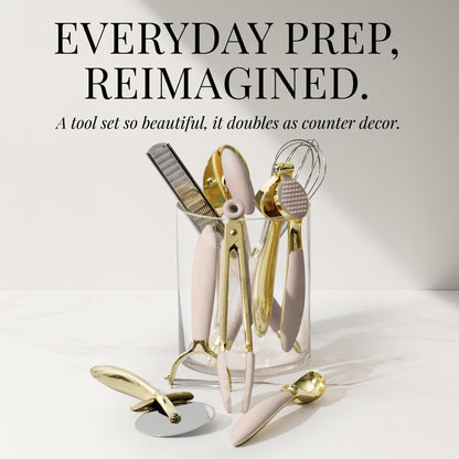 White & Gold Cooking Utensils Set - Luxe 8-Piece Kitchen Gadget Set Includes Can Opener, Tongs and Garlic Press - Stylish White and Gold Kitchen Accessories for Modern Kitchens, Ideal for Gifting