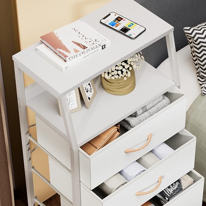 Furnulem White Dresser with 5 Drawers, Vertical Storage Tower Fabric Dresser