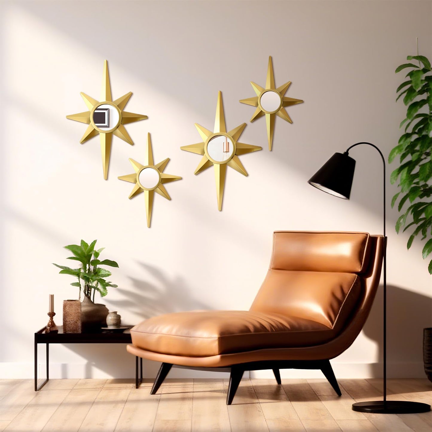 Blulu 4 Pcs Metal Starburst Wall Mirrors Decor 8 Pointed Gold Atomic Stars Hangings Mid Century Modern Elegance Accents Easy Installation Finish Metal Mirrors for Home Office Room