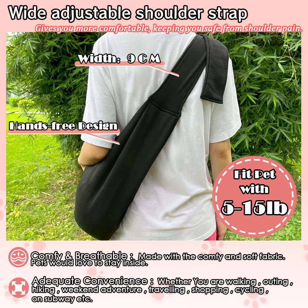 NATUYA Dog Sling Puppy Carrier Hand Free Doggie Adjustable Shoulder Strap Pet Walking Bag Cat Carrier with Zip Pocket Safety Belt Protective Mesh for Outdoor Subway Travel (Black)