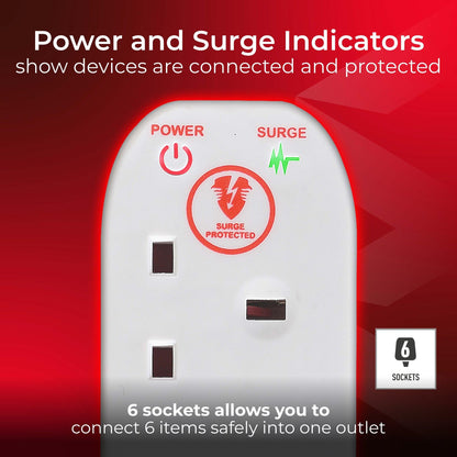 Masterplug Six Socket Extension Lead with Surge Protection, Power and Surge LED Indicators, Unswitched, 2 Metre Cable, 6-Way Plug Extension Cable, Power Strip, White, 13A, 6G, 2m, SRG6210N