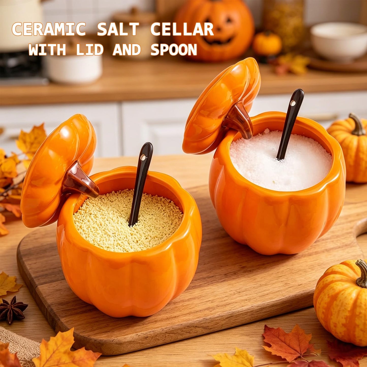 FTNESGYM Ceramic Salt Cellar with Lid and Spoon, 13.5oz Cute Pumpkin Shaped Spice Jar for Sugar, Salt, Spice, Decorative Spice Container for Fall Harvest & Halloween & Thanksgiving (Pumpkin)