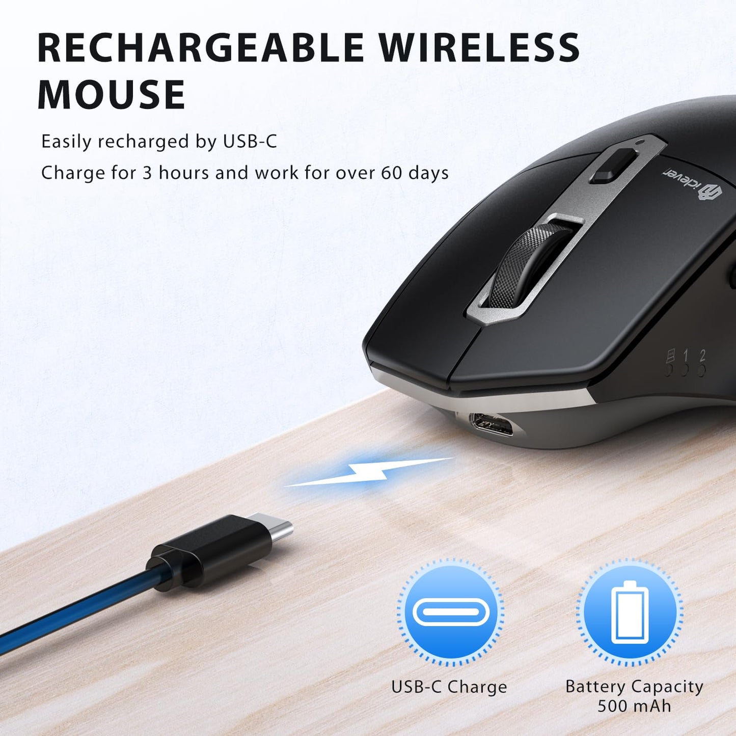 iClever Wireless Mouse with Bluetooth or USB Receiver, 5 Adjustable 2400DPI Rechargeable Computer Mice, Wireless Mouse for Laptop, iPad, MacBook, Tablet, PC