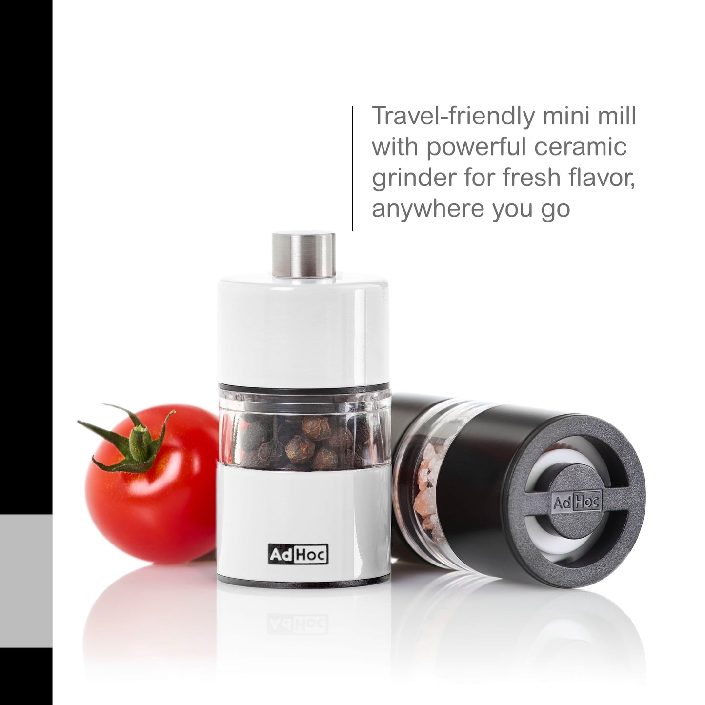 AdHoc Mini Salt & Pepper Mill - 2-in-1 Refillable Salt & Pepper Grinder Set - Features Adjustable Mechanism & Ceracut Ceramic Grinder (Black)