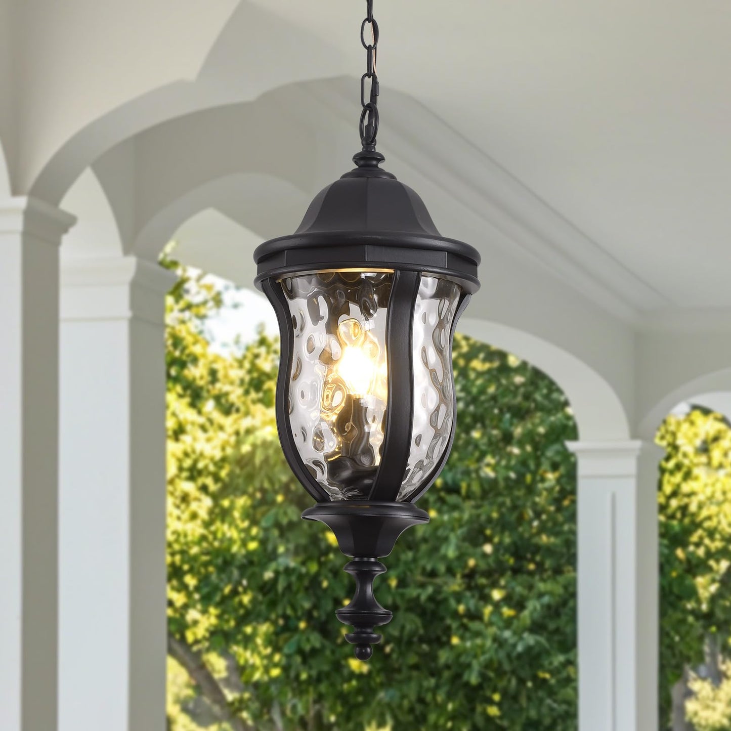 Smeike Large Outdoor Pendant Light Fixtures, 23.6'' Exterior Hanging Lantern Porch Light Adjustable, Black Hanging Lamp Farmhouse Exterior Chandelier Ceiling Mount for Entrance Patio