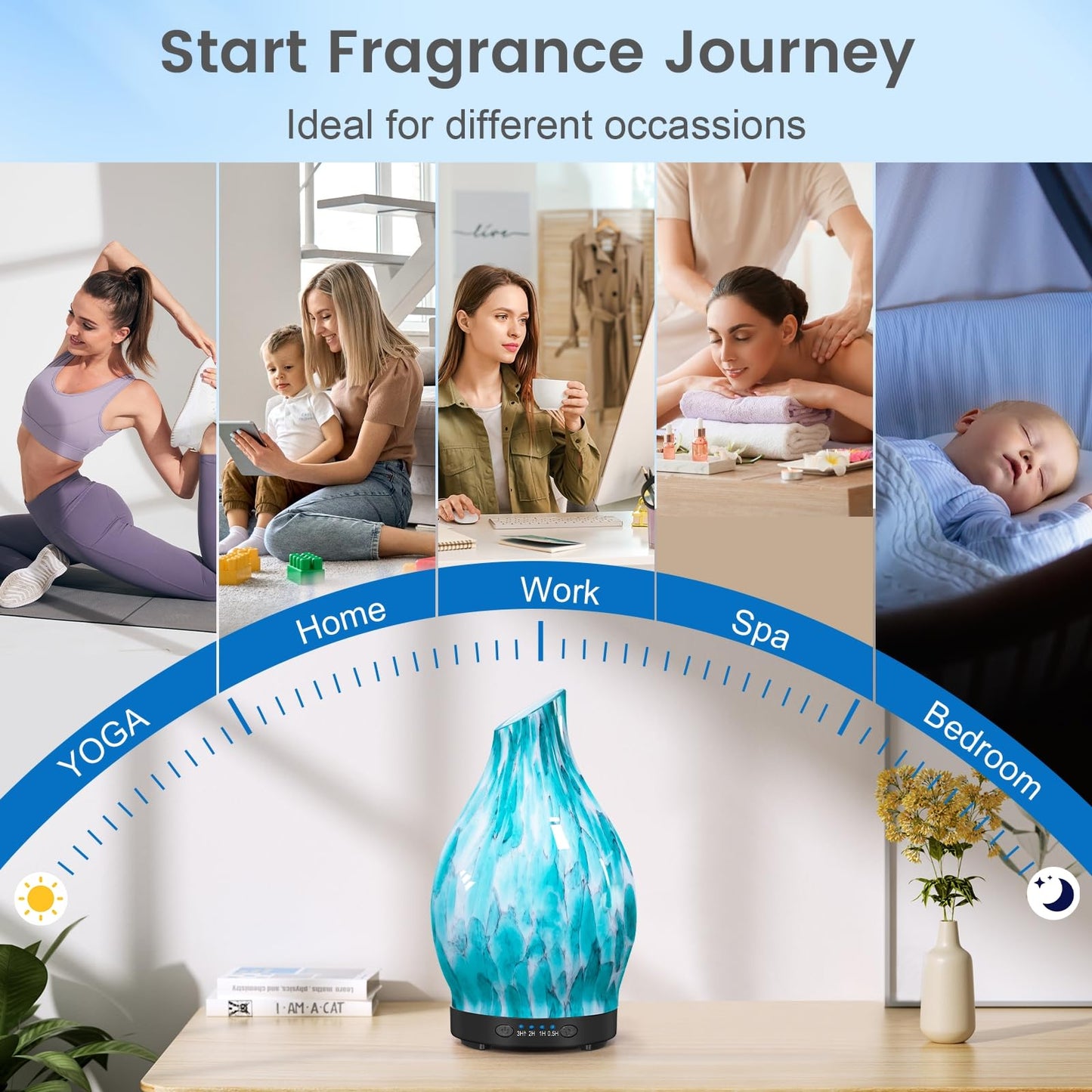 120ML Essential Oil Diffuser, 3D Glass Aromatherapy Diffuser with Auto Shut-Off and 7 Color LED Lights, Ultrasonic Mist Humidifier with 4 Timer for Home Office Bedroom (3D Fireworks)