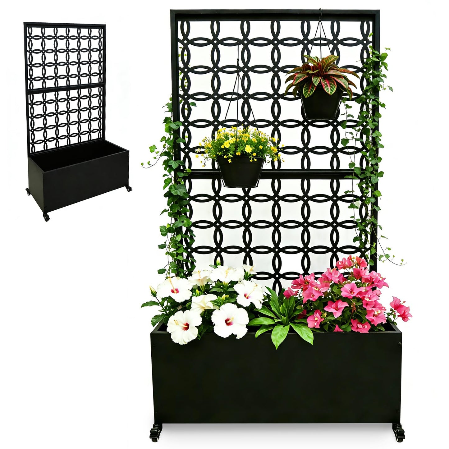 LZALMMS Metal Raised Garden Bed with Trellis and Wheels, 70"x35"x15" Large Planter Box for Climbing Plants & Vegetables, Outdoor Rolling Planter with Drainage Holes and Privacy Screen (Black)
