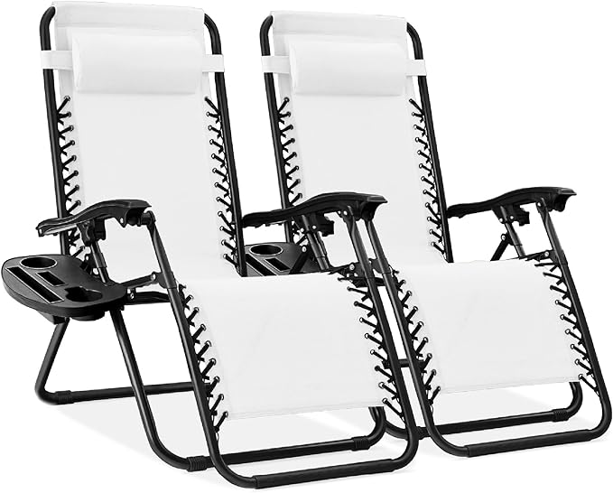 Best Choice Products Set of 2 Adjustable Steel Mesh Zero Gravity Lounge Chair Recliners w/Pillows and Cup Holder Trays - Snow/Black