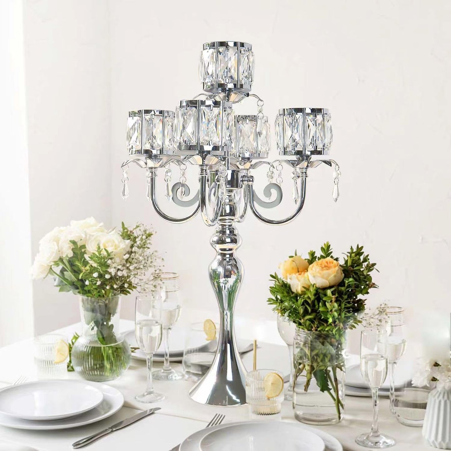 Kehail Silver 5 Arm Pendant Square Crystal Candle Holder, 22 Inches Table Decor Classic and Elegant Table Centerpiece Atmosphere Candlestick for Gift Wedding Party Home Decor