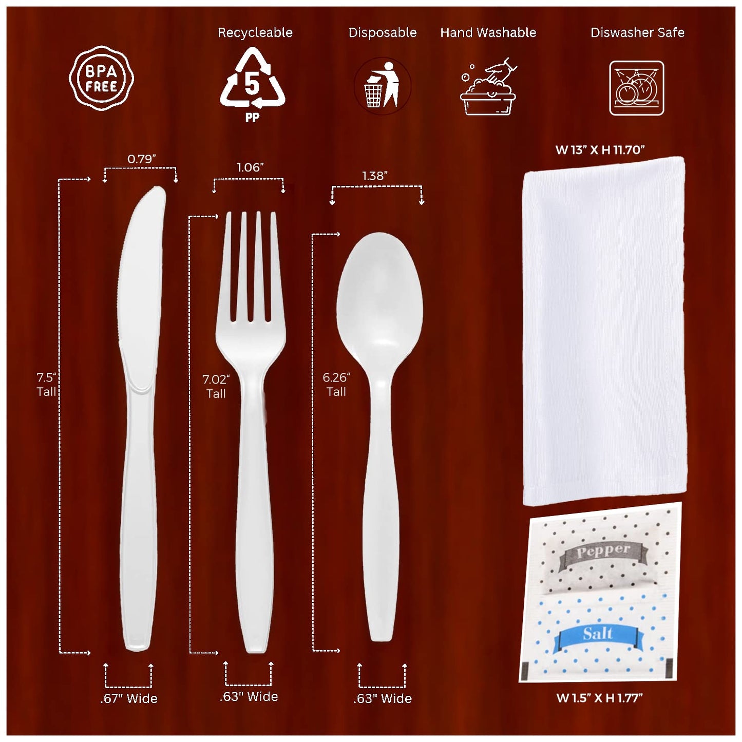 Bulk Heavy Weight Cutlery Individually Wrapped White Plastic Cutlery Knife, Spoon, Fork Pack with Napkin and Salt and Pepper Packets - Extra Strong & Resistant