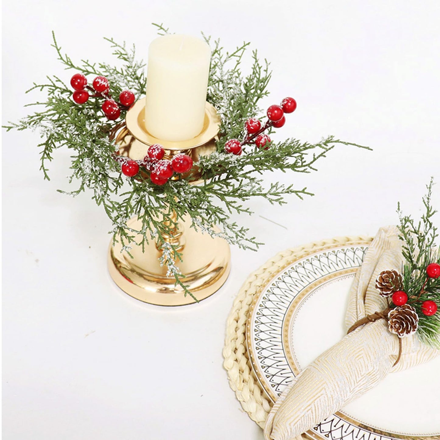Small Christmas Wreath Candle Rings Artificial Cedar Cypress Wreaths with Red Berries, Candle Holders for Holiday Table Centerpiece Decor (Candle Rings 04)
