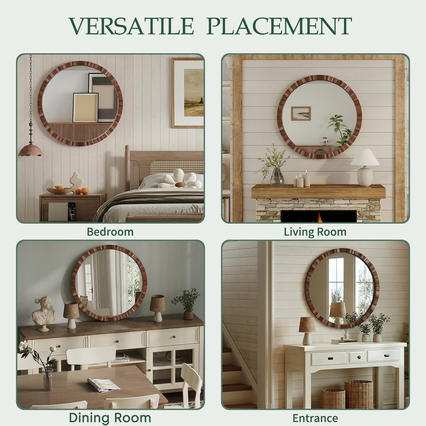 MYOTA Round Wood Wall Mirror - 31.5" Farmhouse Rustic Wall Decorative Mirrors, Wooden Circle Boho Accent Mirror for Living Room, Bedroom, Bathroom, Entryway, Hallway, Fireplace (Walnut)