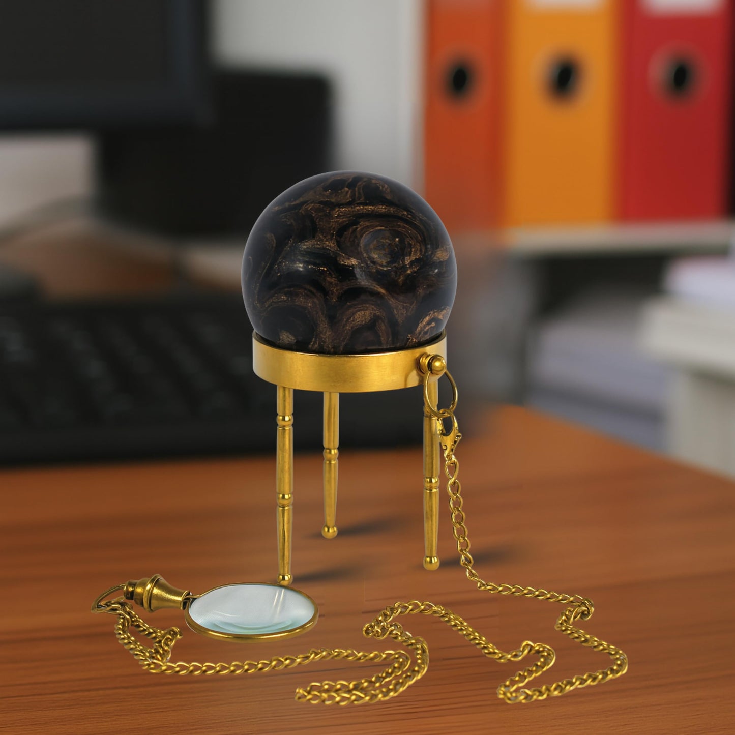 Natural Stromatolite Sphere with Brass Stand & Magnifying Glass Ancient Stone Crystal Ball for Healing, Meditation, Home Décor & Collector’s Gift