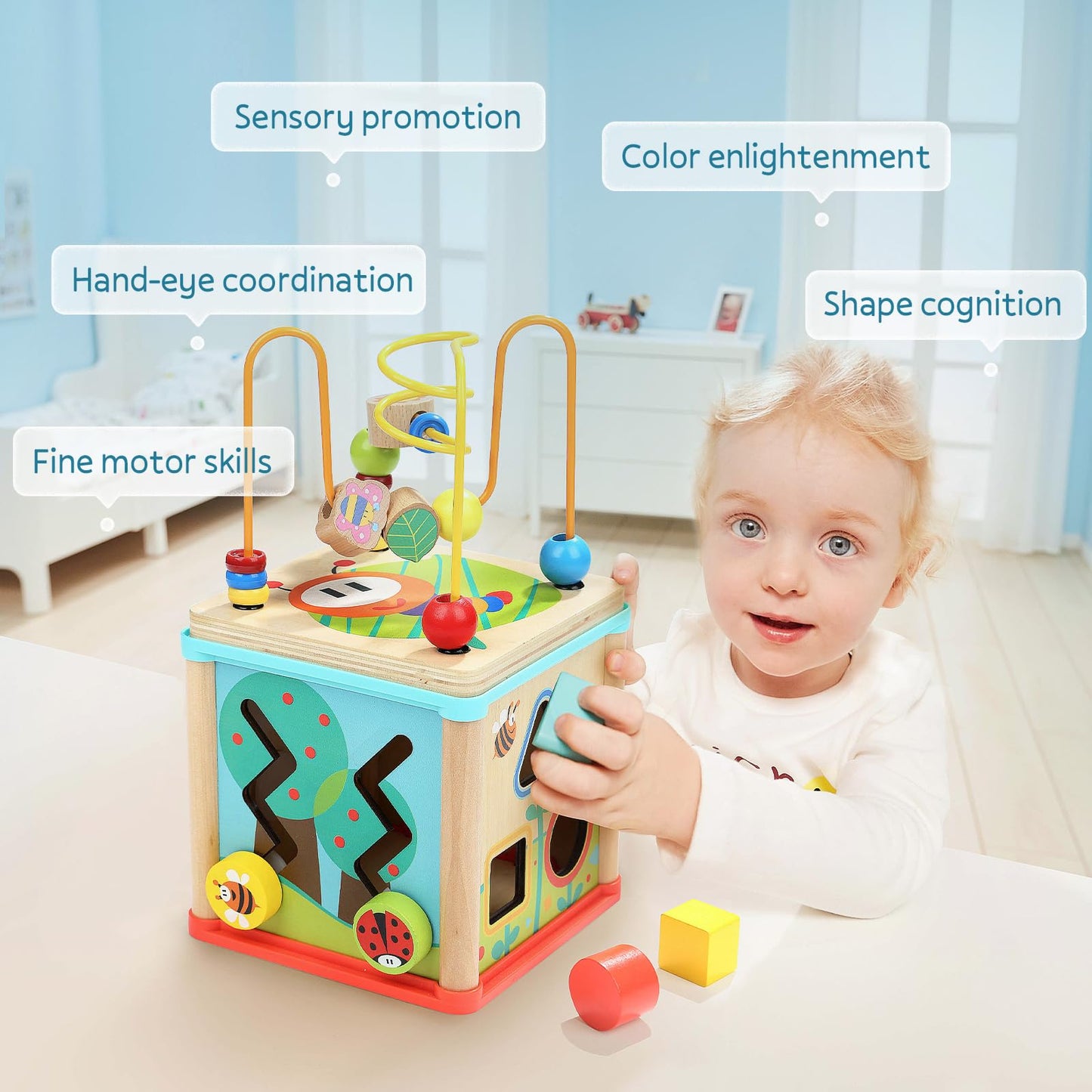 TOP BRIGHT Wooden Shape Sorter Activity Cube Toys for 1 Year Old Baby - 1st Birthday Gifts for Girl and Boy 12 Months Plus