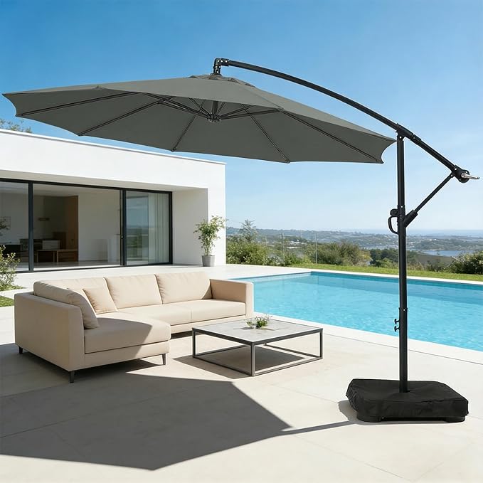 wikiwiki 10ft Patio Umbrella with Base Included, Outdoor Offset Cantilever Umbrella with Sandbag Base for Backyard, Garden and Pool, Easy to Tilt and Crank, Dark Gray