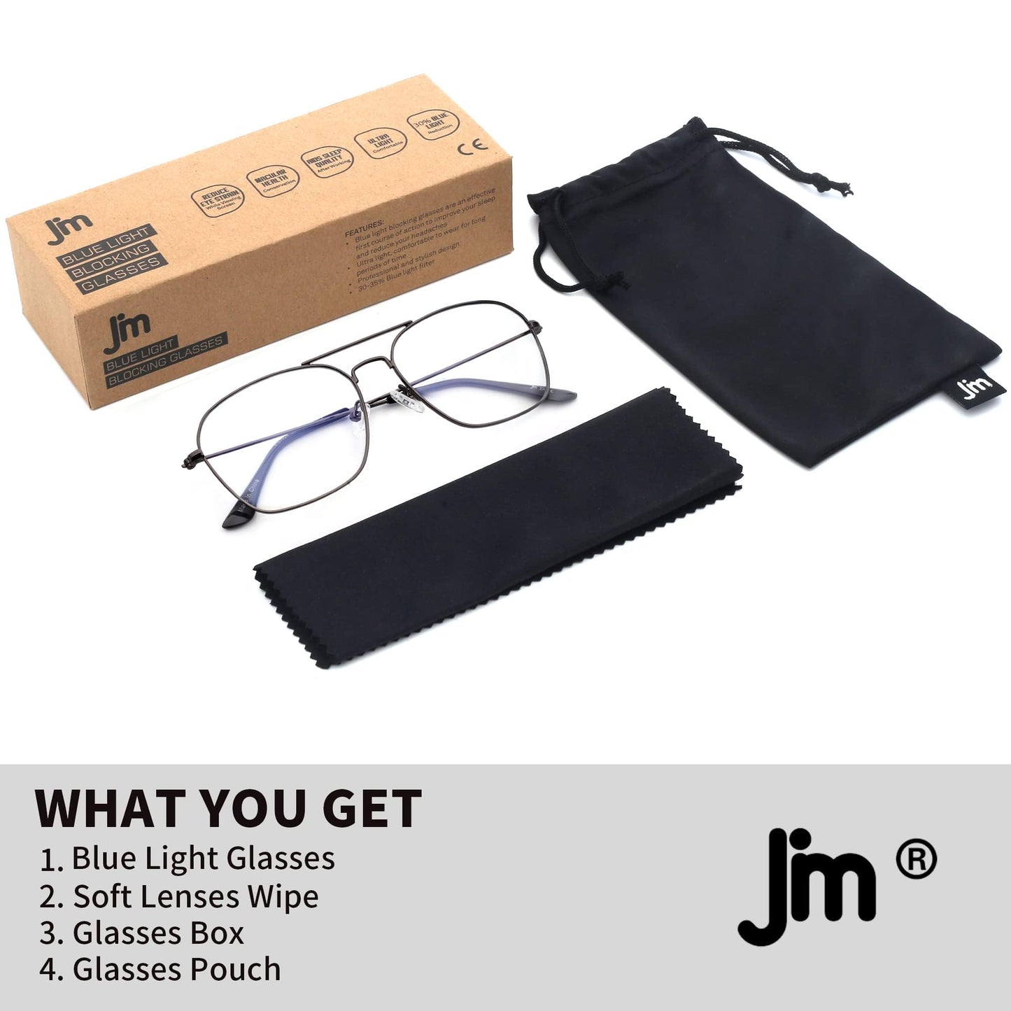 JM Blue Light Blocking Computer Glasses, Square Eye Protect Video Eyeglasses Anti Glare Men Women (Gunmetal Frame Black Temple Tips)
