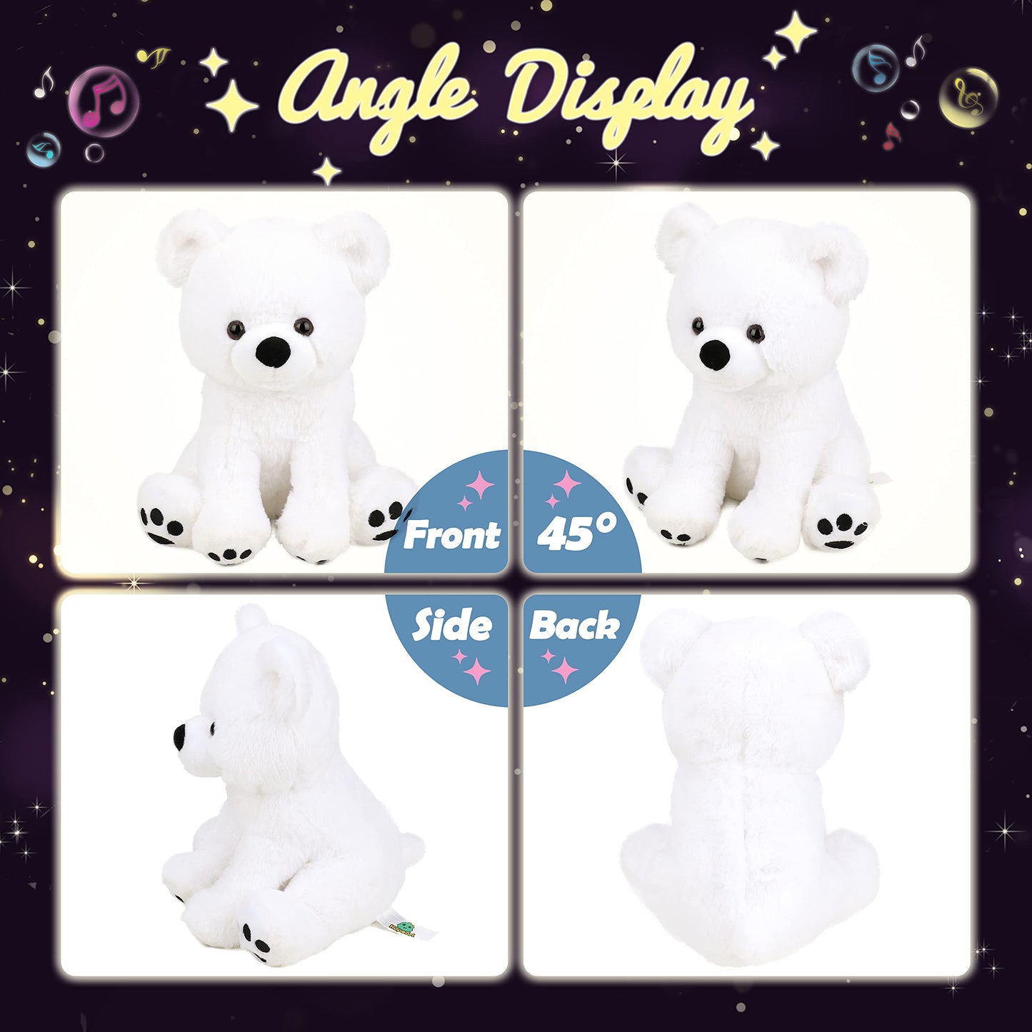 Hopearl LED Musical Stuffed Polar Bear Lighting Up Singing Plush Toy Adjustable Volume Lullaby Animated Soothe Birthday Festival for Kids Toddler Girls, White, 11''