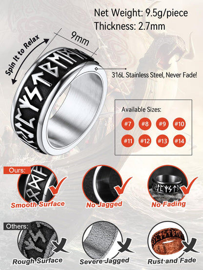 FaithHeart Viking Rings Men Stainless Steel Fidget Ring Spinning Jewellery Norse Runes Band Cool Boys Ring Size O