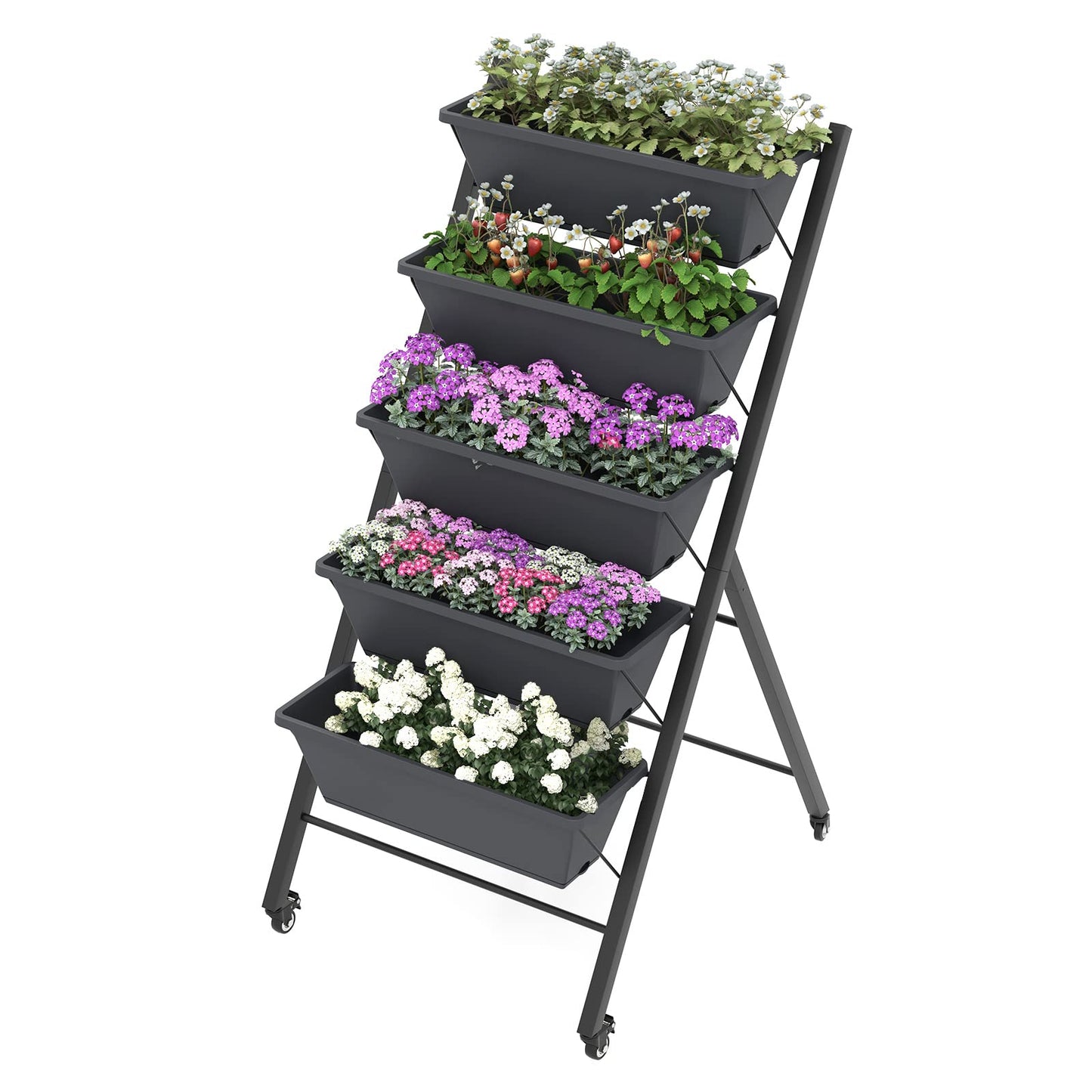 S AFSTAR 5-Tier Vertical Garden Planter, Raised Garden Bed with 2 Lockable Wheels, 7 Removable Planter Boxes, Metal Frame, Indoor Outdoor Elevated Planting Box for Flower Vegetables Fruit Herbs