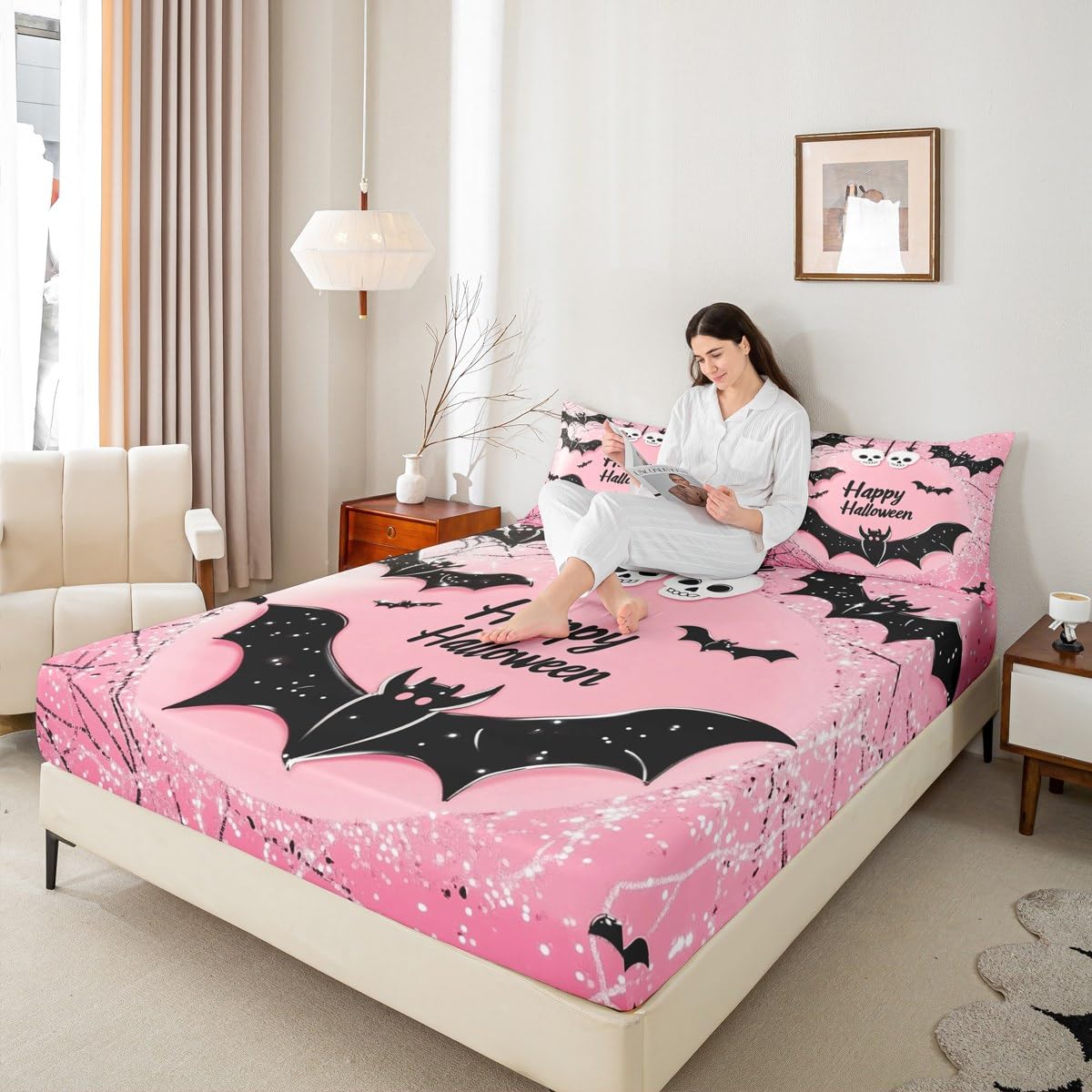 Feelyou Kids Happy Halloween Bed Sheet Set Full Size, Black Bat Bedding Set Boys Girls Pink Fitted Sheet Spider Web Teens Bedroom Decor Lightweight Bed Set (No Flat Sheet)