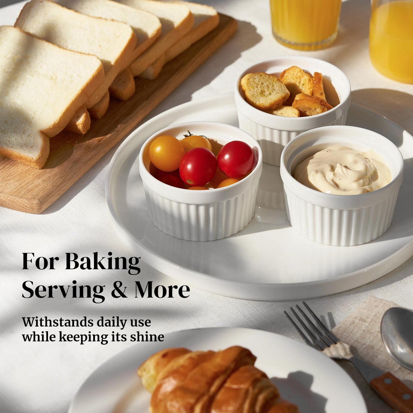 DOWAN Ramekins 6 oz Ceramic Ramekins Set of 6, Oven Safe Souffle Dishes for Air Fryer Baking, Mini Round Baking Cups for Creme Brulee, Dipping Sauces, Desserts and Prep Bowls, White