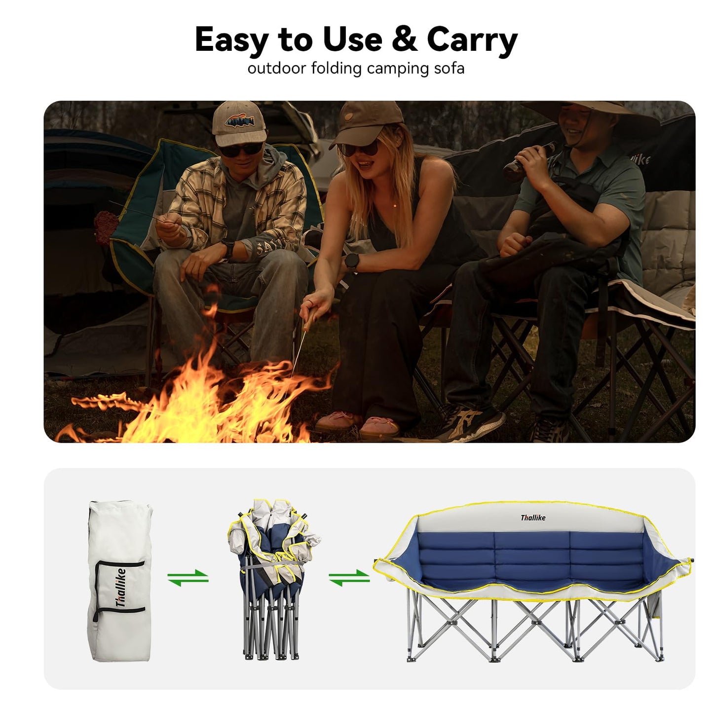 Thallike Double Camping Chair – 2-3 Person Outdoor Folding Sofa with Cup & Wine Glass Holders – Oversized Loveseat Camping Couch for Campfire, RV, Backyard – Supports Up to 1050 lbs