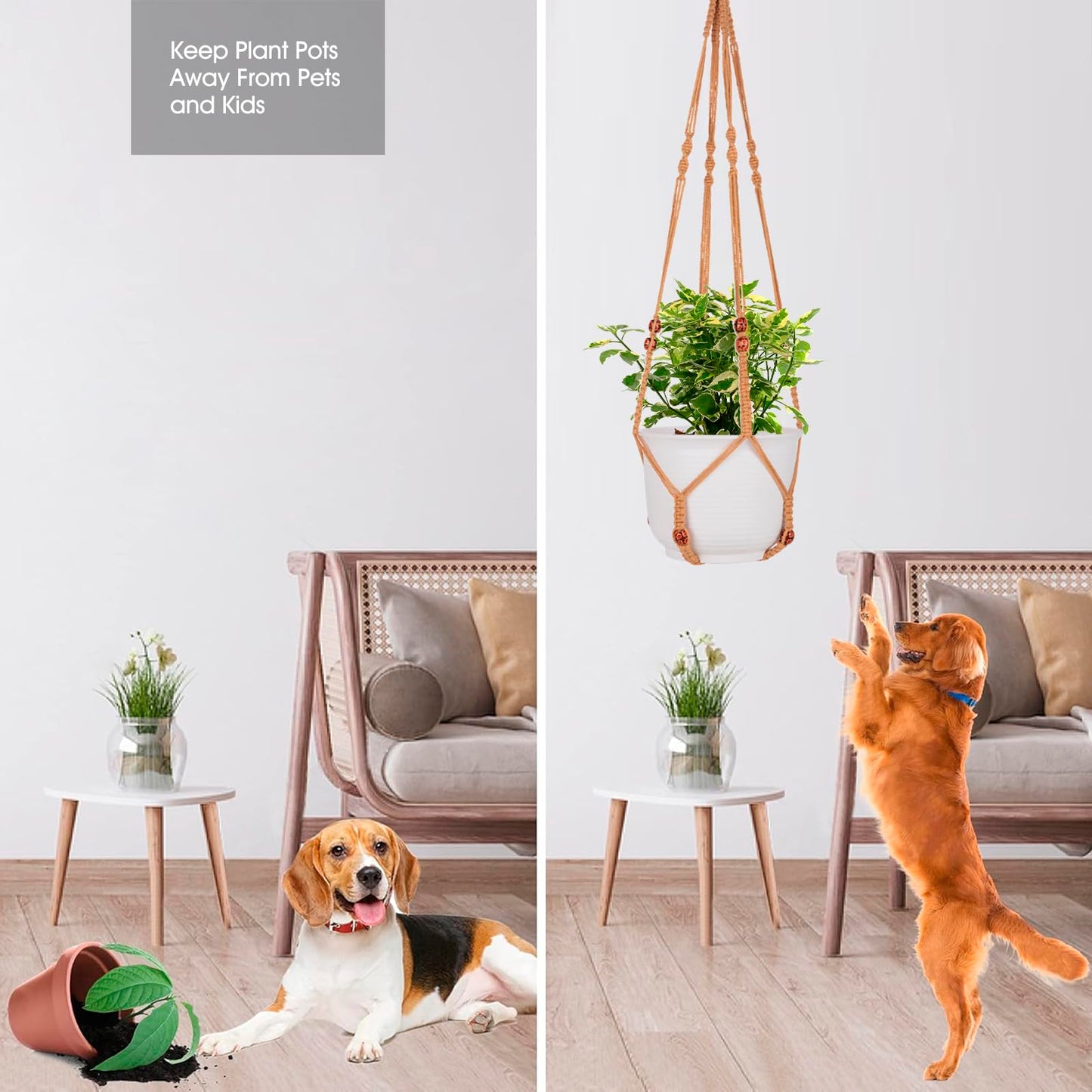 RIFNY Macrame Plant Hanger for 5 to 10 Inch Plant Pots, 35 Inch Woven Rope Hanger Kits with Hooks and Wood Beads, Hanging Planter Basket for Indoor Boho Home Decor (Brown, 3 Pack)