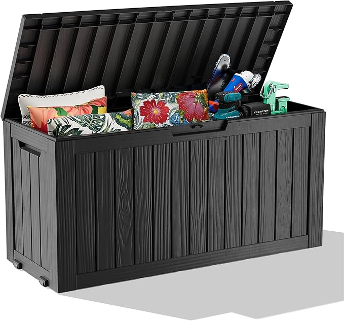 EasyUp 90 Gallon Outdoor Deck Box Waterproof, UV Resistant Resin Outdoor Storage Box for Delivery, Porch, Patio and Garden, Black