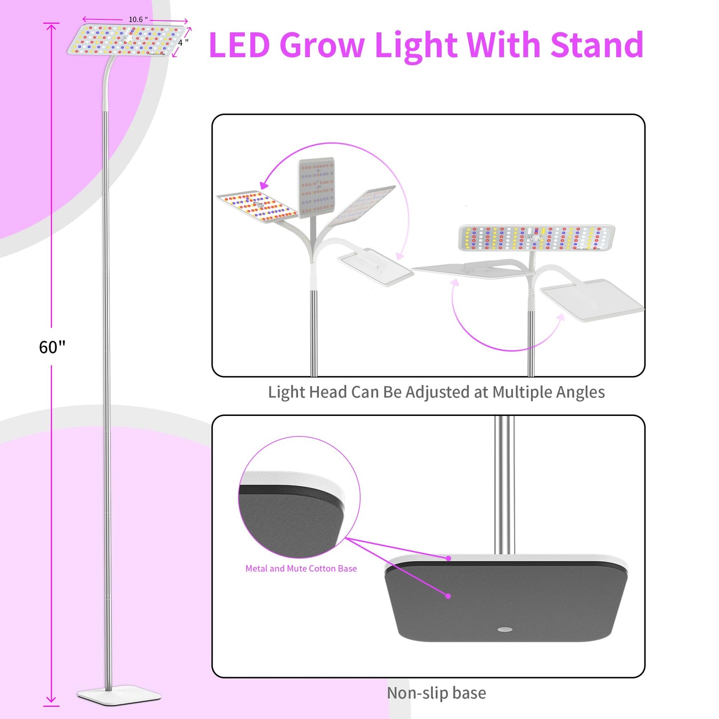 KINGPLUS Grow Lights with Stand, Full Spectrum Growing Light for Indoor Plants, 120 LEDs, 4 Dimmable Levels, Timer 4/8/12h, 12-60inches Height Adjustable,18w, Ideal for Desk Small Plants