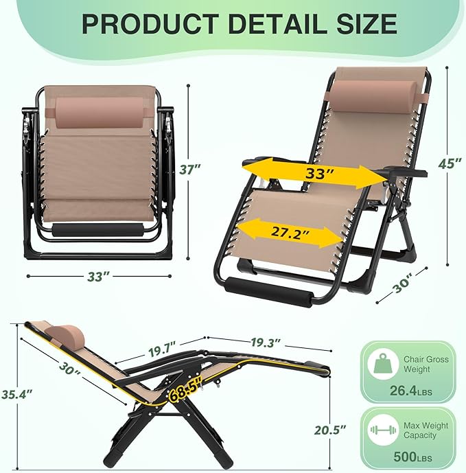 Suteck Oversized Zero Gravity Chair,33In XXL Lounge Chair w/Removable Cushion&Headrest, Reclining Camping Chair w/Upgraded Lock and Footrest, Reclining Patio Chairs Recliner for Indoor Outdoor,500LBS