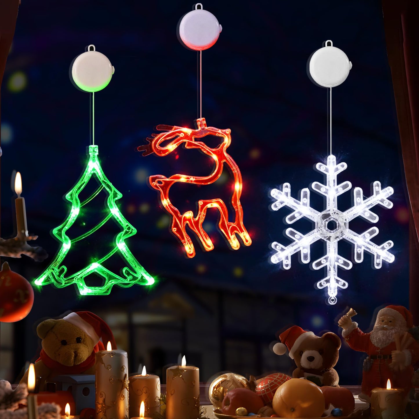 LOLStar Christmas Decorations, 3 Pack Reindeer, Christmas Tree, and Snowflake Window Lights with Suction Cup, Timer Function & Slow Fade Mode Battery Operated Indoor Lights for Christmas Eve New Year