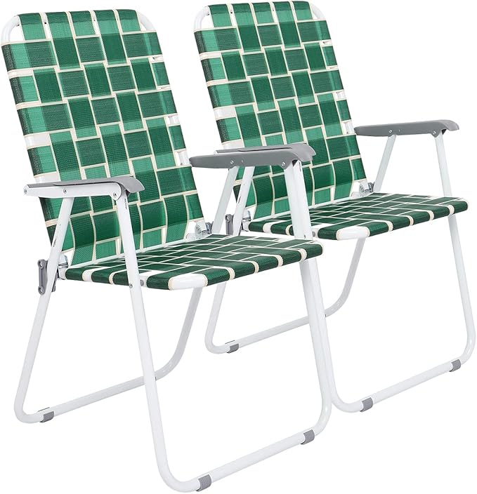 VINGLI Patio Lawn Webbed Folding Chairs Set of 2, Outdoor Beach Chair Portable Dining Chair for Outdoor Yard, Garden (Dark Green, Classic)