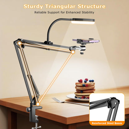 Overhead Camera Mount with Ring Light, Flexible Articulating Phone Arm Stand Compatible with iPhone, Logitech Webcam, Desk Tripod for YouTube Live Stream Cooking Nail Video Recording